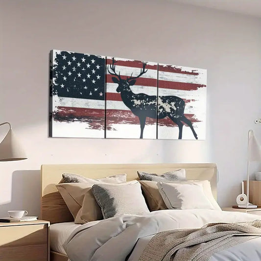 3pcs Deer with Vibrant American Flag Design Metal Print Ready to Hang Art