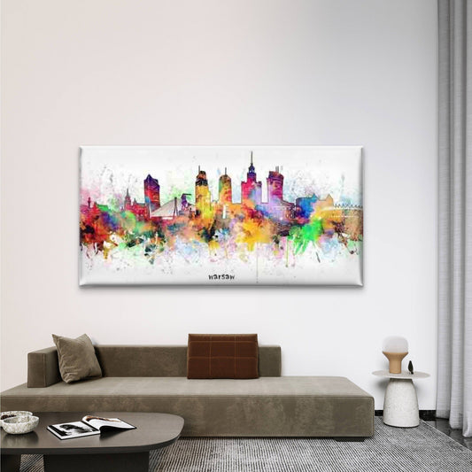Watercolor Warsaw City Skyline Wall Art Canvas Office Home Room Framed 80x45cm