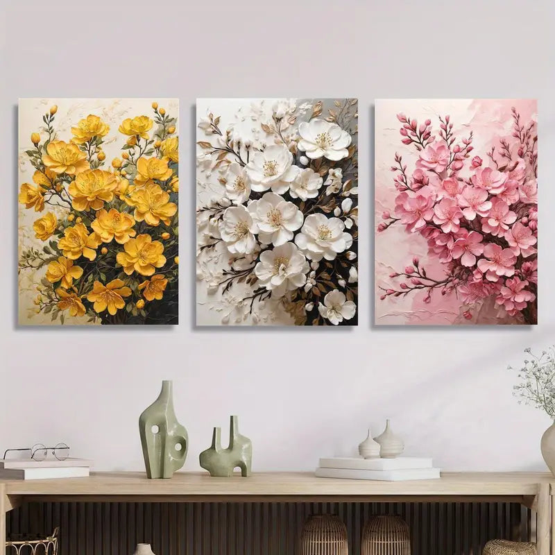 3pcs Yellow, White, Pink Blooming Branches Metal Print Ready to Hang Art