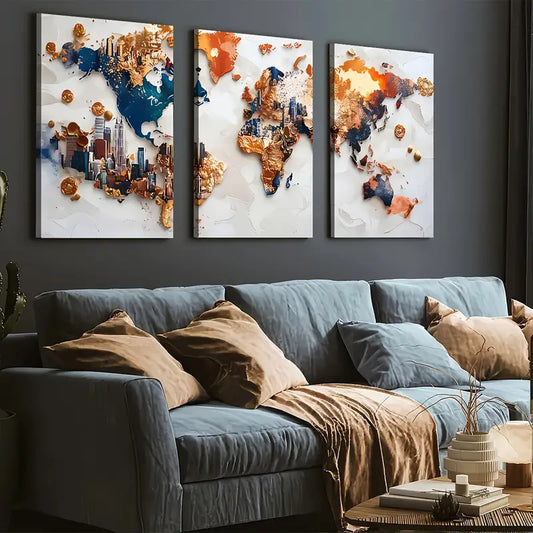3pcs Modern Style Fashion World Land Map Art Wall Art Set Canvas Framed 40x60cm - High Quality Print 100% Australian Made Wall Canvas Ready to Hang
