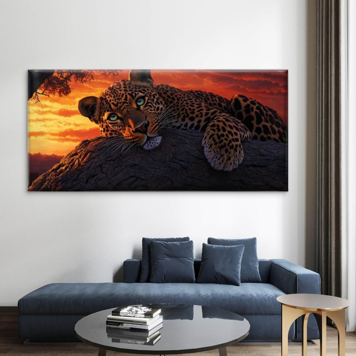Leopard Sunset Rustic Wildlife Wall Art Canvas Office Home Room Framed 80x45cm