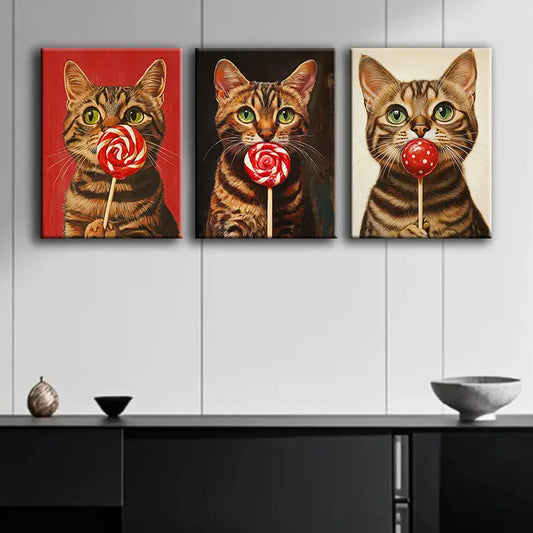 3pcs Whimsical Cat Lollipop Classic Design Metal Print Ready to Hang Art