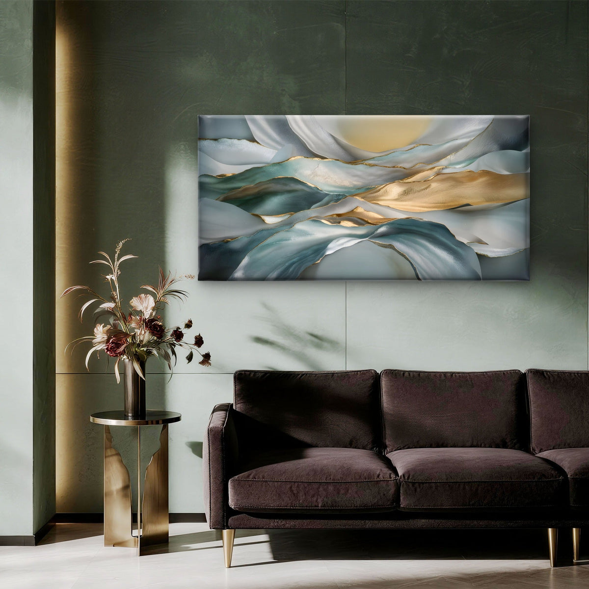 Teal Gold Waves Abstract Wall Art Canvas Office Home Room Framed 80x45cm