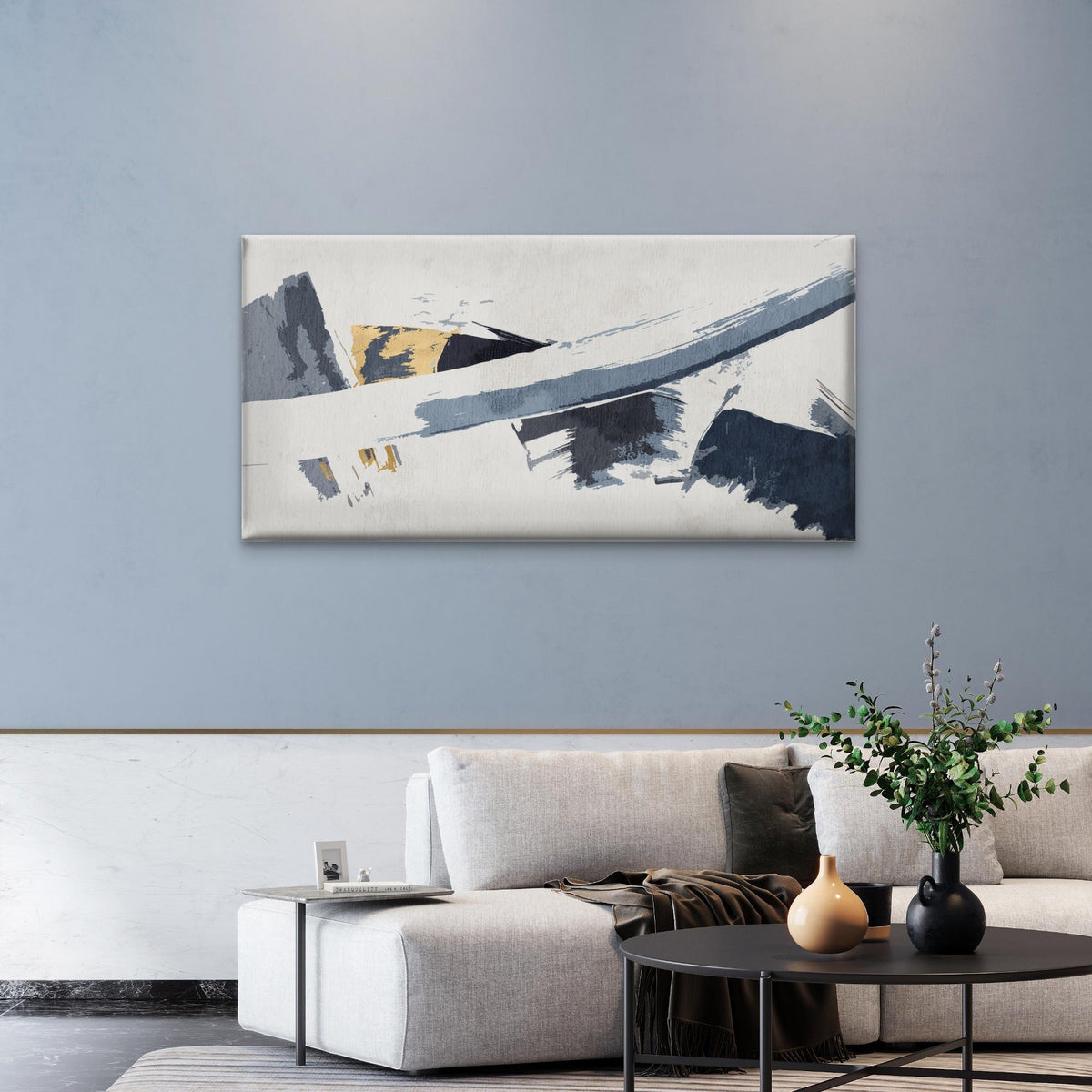 Gray Gold Abstract Brush Strokes Wall Art Canvas Framed Home Office 80x45cm