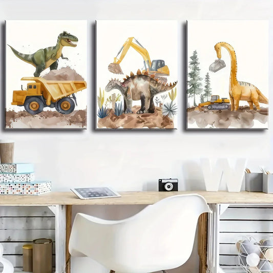3pcs Dinosaur Dump Trucks, and T-Rex Buildings Metal Print Ready to Hang Art