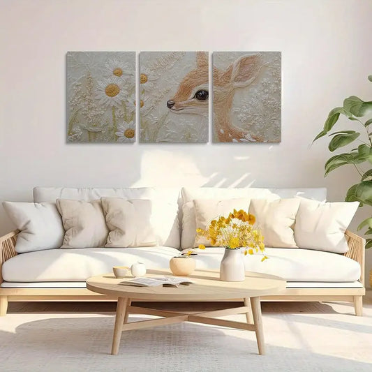 3pcs Deer & Daisy Spring Fawn Nature-Inspired Metal Print Ready to Hang Art