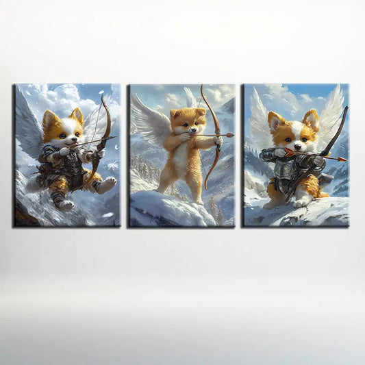 3pcs Whimsical Angel Fox with Bow and Arrow, Vibrant Metal Print Ready to Hang Art
