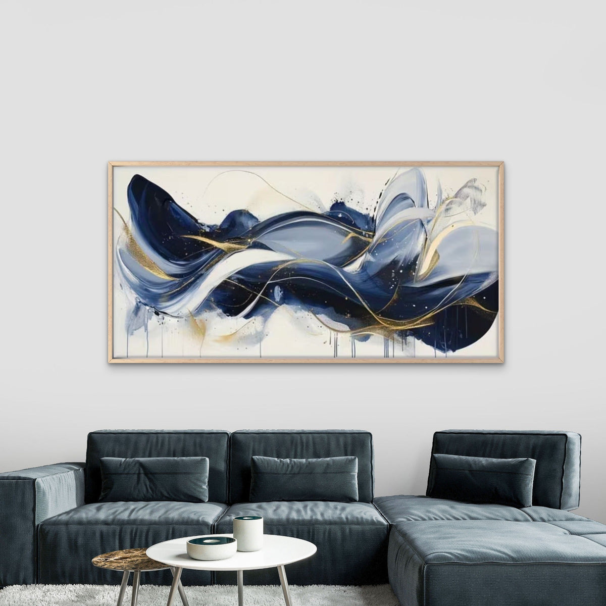 Deep Blue Golden Current Wall Art Canvas Office Home Room Framed 80x45cm