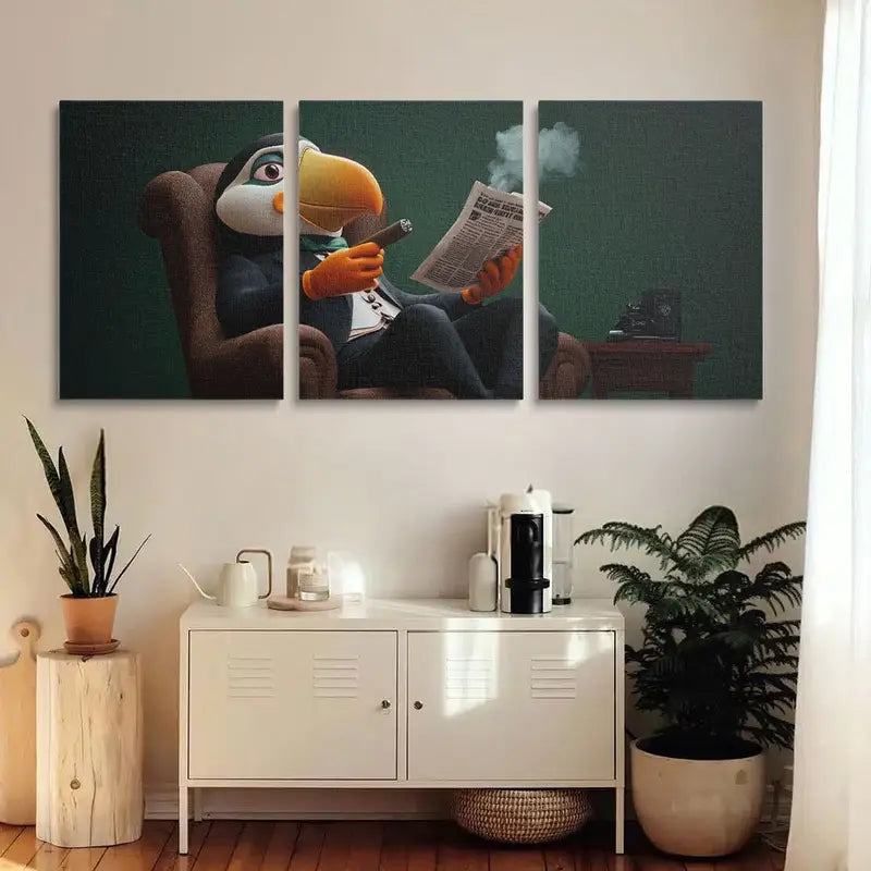 3pcs Sea Parrot in Black Suit with Orange Gloves Metal Print Ready to Hang Art