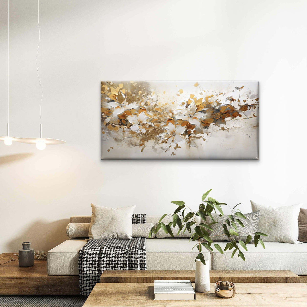 Gold White Floral Painting Wall Art Canvas Office Home Room Framed 120x60cm