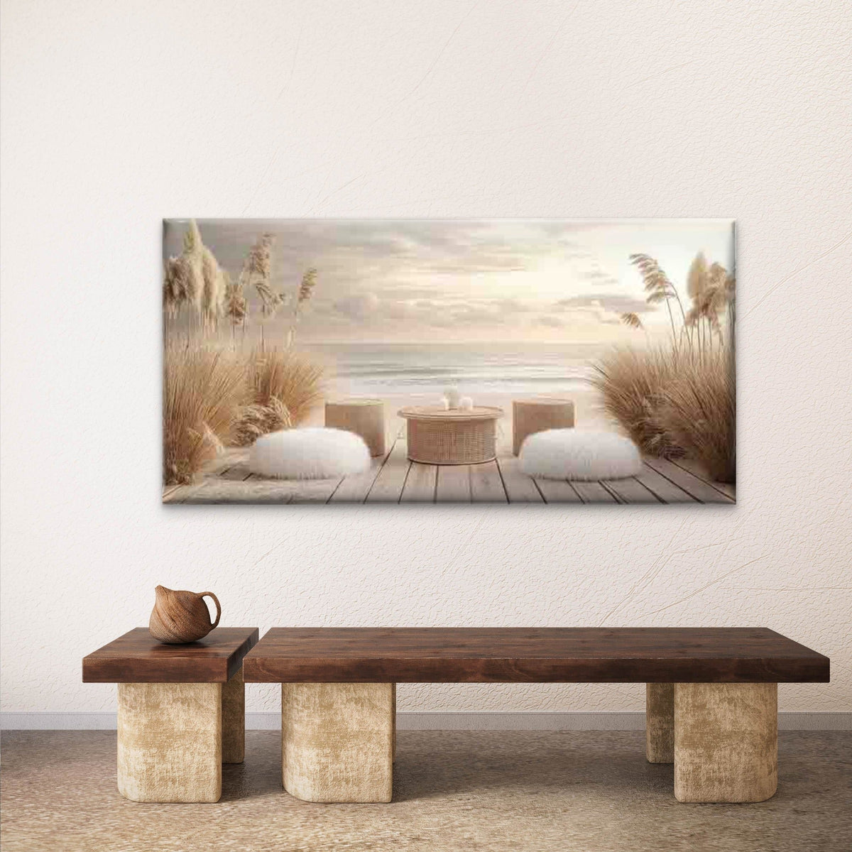 Serenity Scene with Wicker Wall Art Canvas Office Home Room Framed 80x45cm