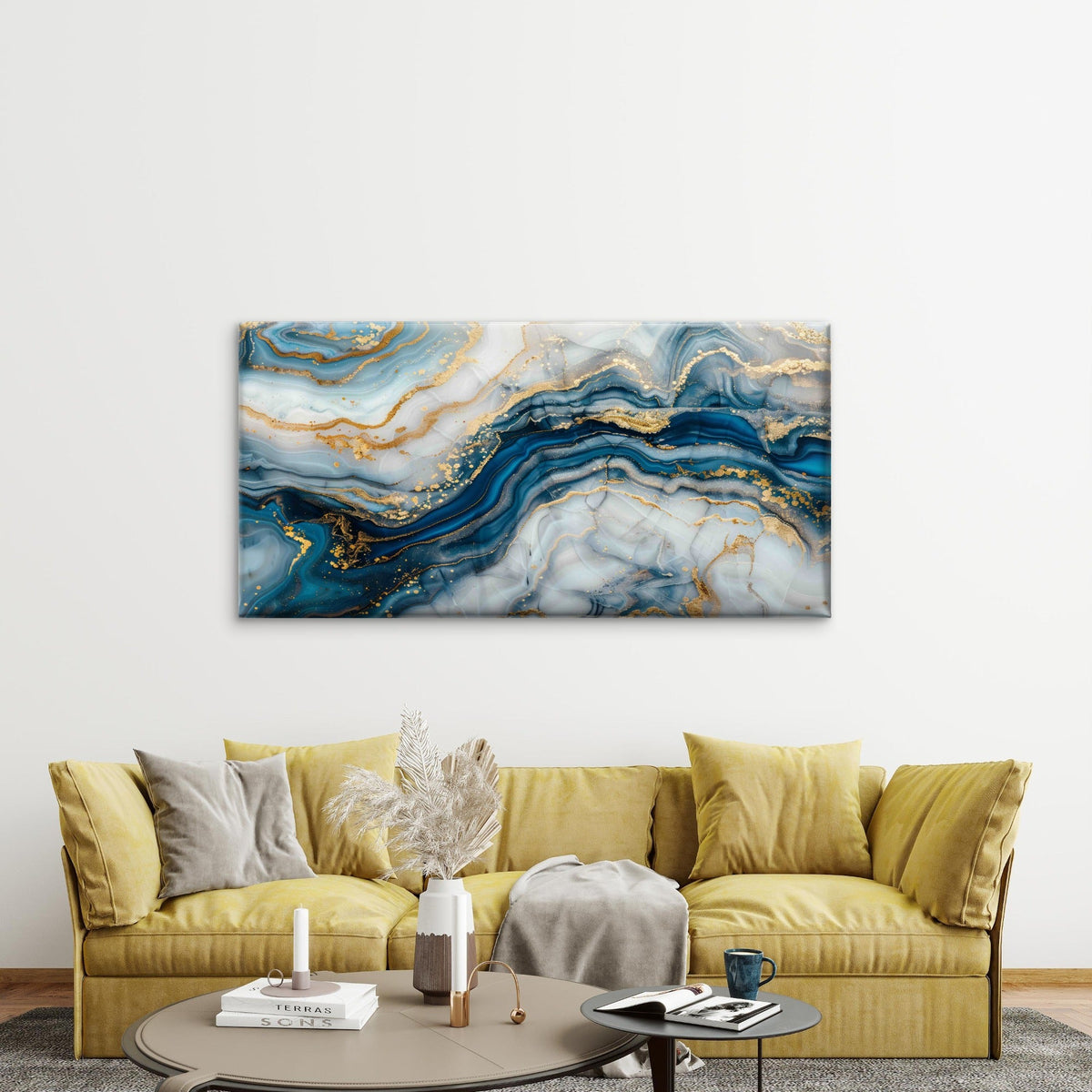 Blue And White Marble With Gold Wall Art Canvas Office Home Room Framed 80x45cm