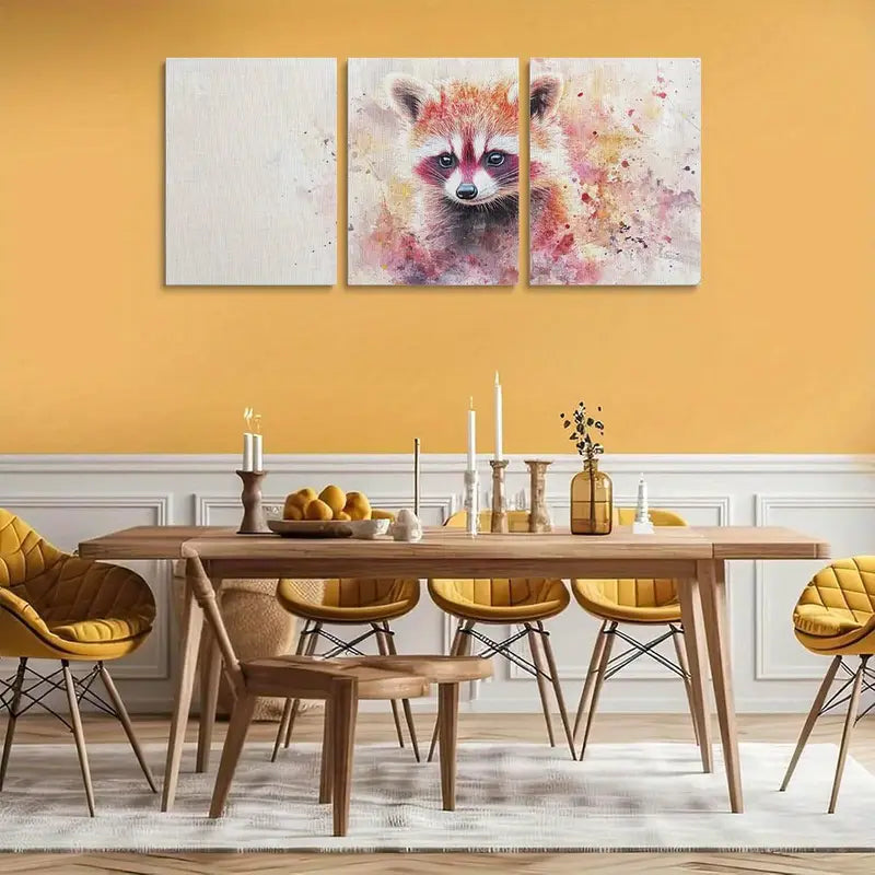 3pcs Youngsters Raccoon in Watercolor Playful Animal Metal Print Ready to Hang Art