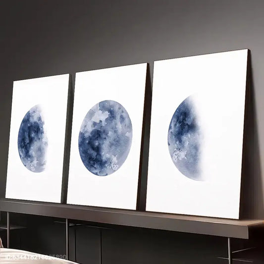 3pcs Blue Planet, Space Moon, Minimalist Style Metal Print Ready to Hang Art