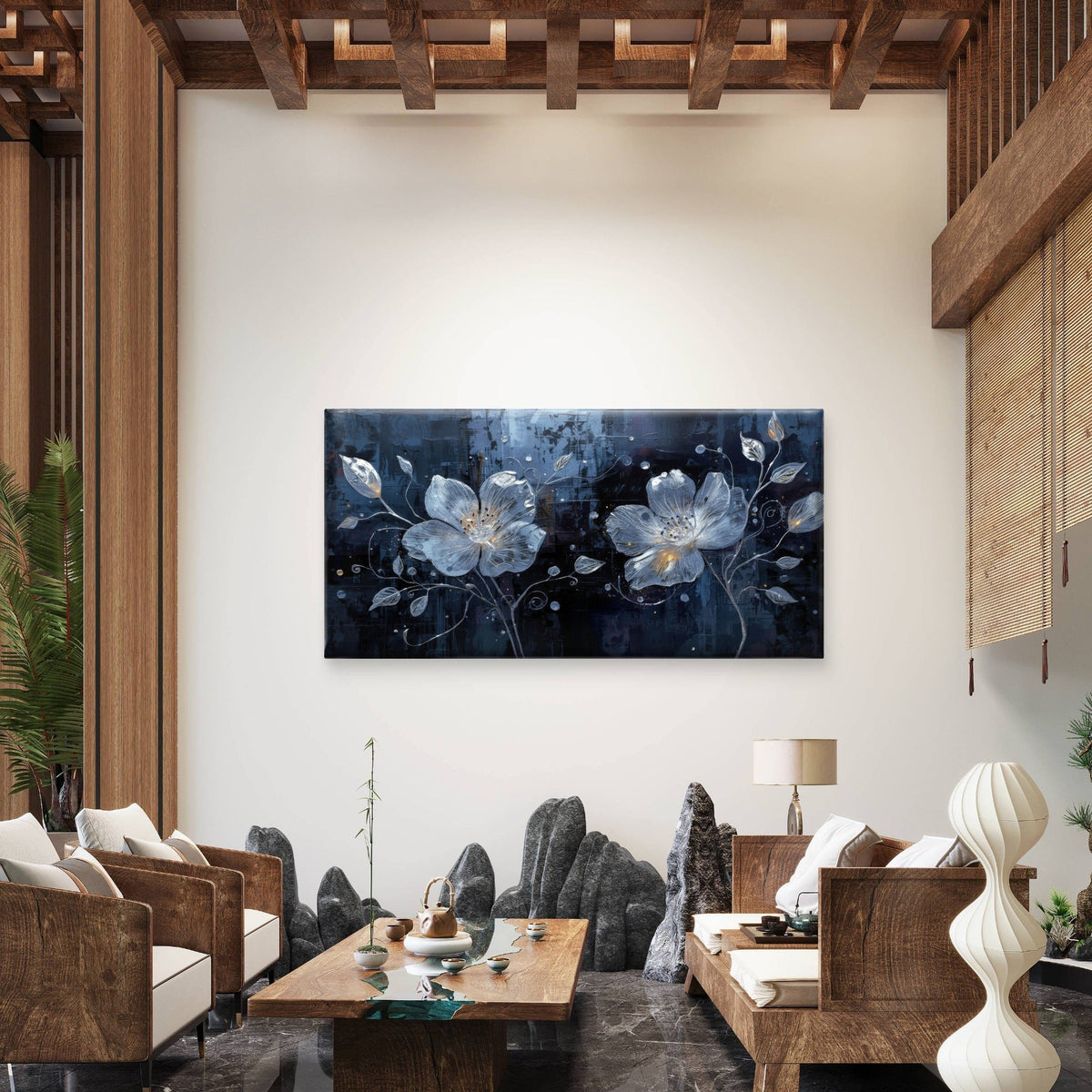 Luxury Dark Navy Gloss Bloom Wall Art Canvas Office Home Room Framed 120x60cm