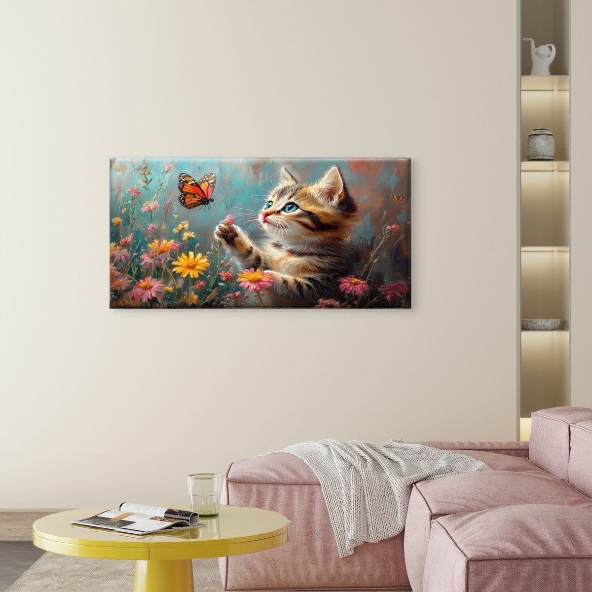 Cute Tabby Kitten Butterfly Flower Wall Art Canvas Office Home Framed 80x45cm