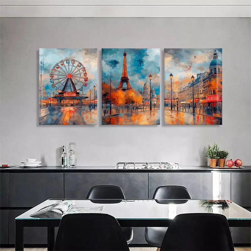 3pcs Vibrant Eiffel Tower, Ferris Wheel and French Streets Metal Print Ready to Hang Art