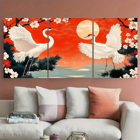 3pcs Red White Golden Green Paint Crane Metal Print Ready to Hang Art