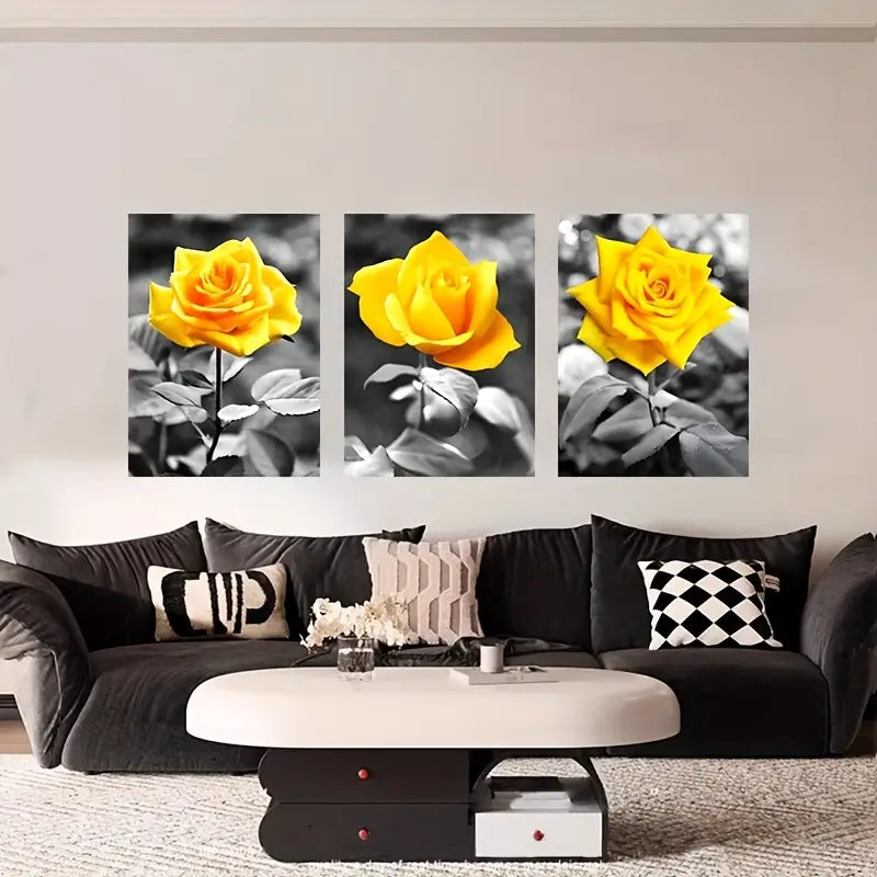 3pcs Vibrant Yellow Rose on Black & White Metal Print Ready to Hang Art