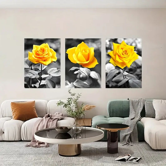 3pcs Vibrant Yellow Rose on Black & White Metal Print Ready to Hang Art