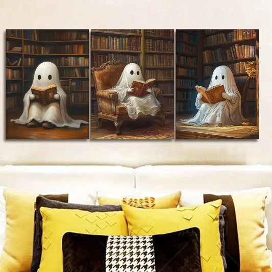 3pcs Ghost in Library Metal Print Ready to Hang Art