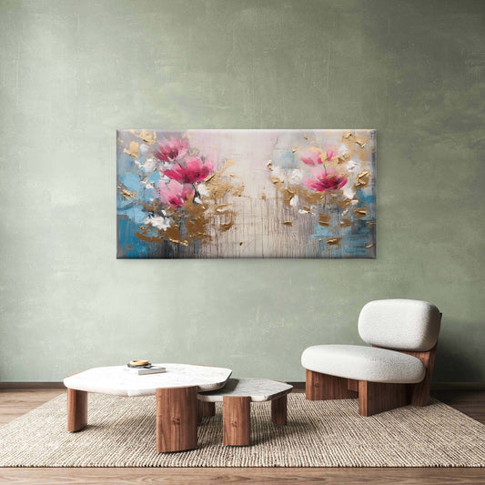 Pink Floral Gold Painting Wall Art Canvas Office Home Room Framed 80x45cm