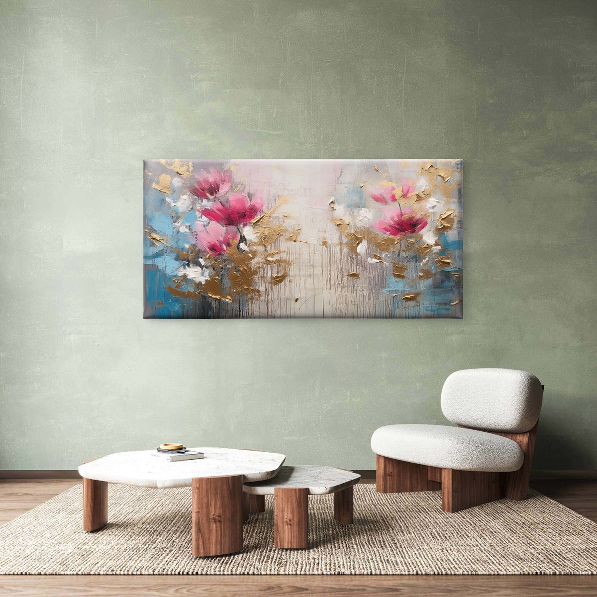 Pink Floral Gold Painting Wall Art Canvas Office Home Room Framed 80x45cm