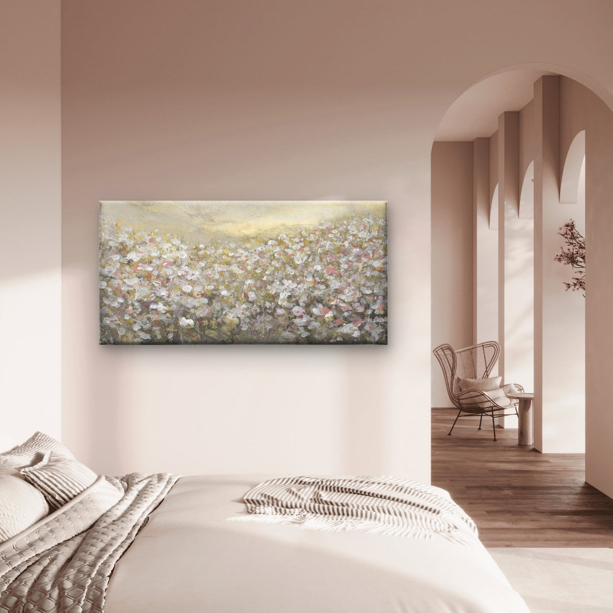 Abstract White Flower Field Wall Art Canvas Office Home Room Framed 120x60cm