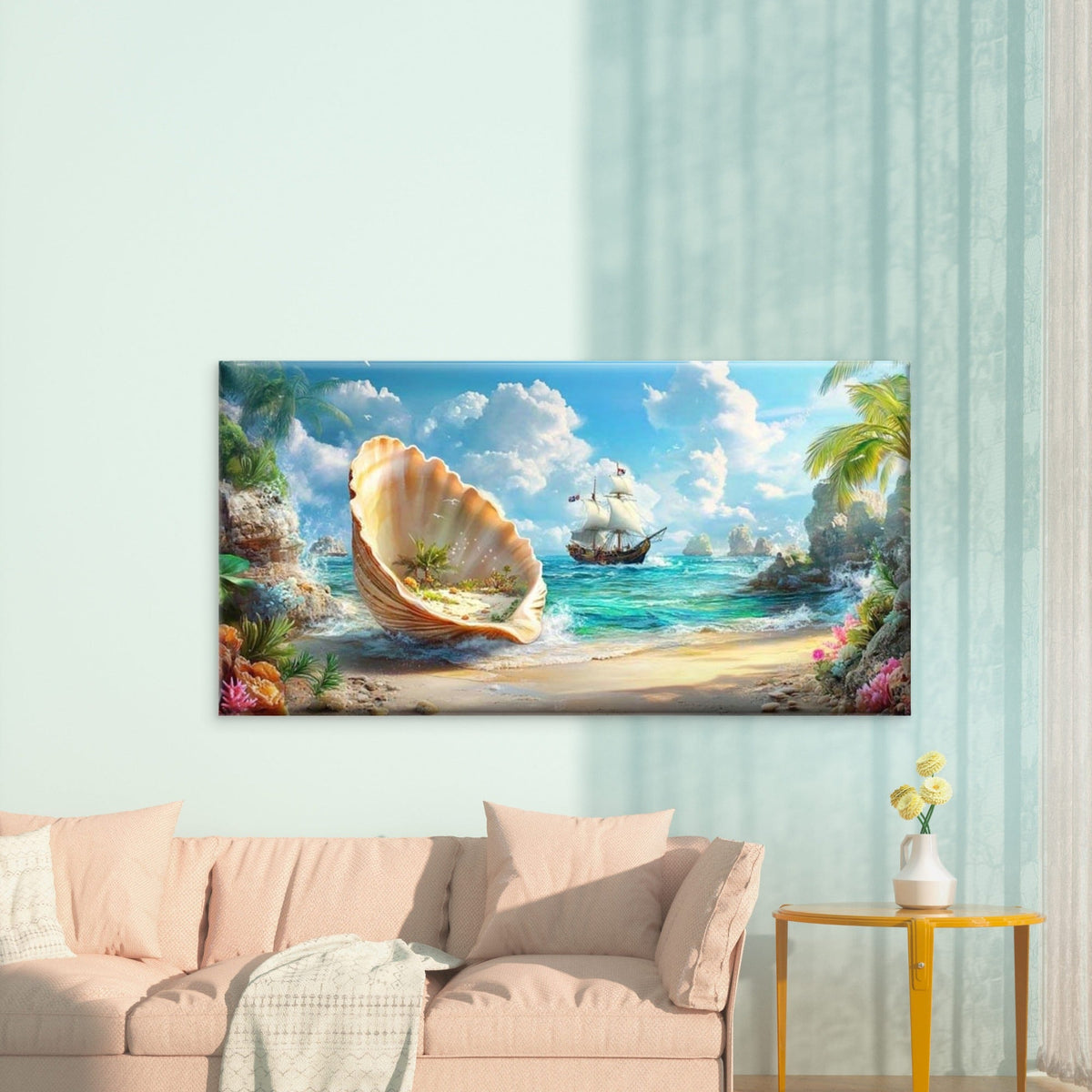 Tropical Shell Island Coastal Wall Art Canvas Office Home Room Framed 80x45cm