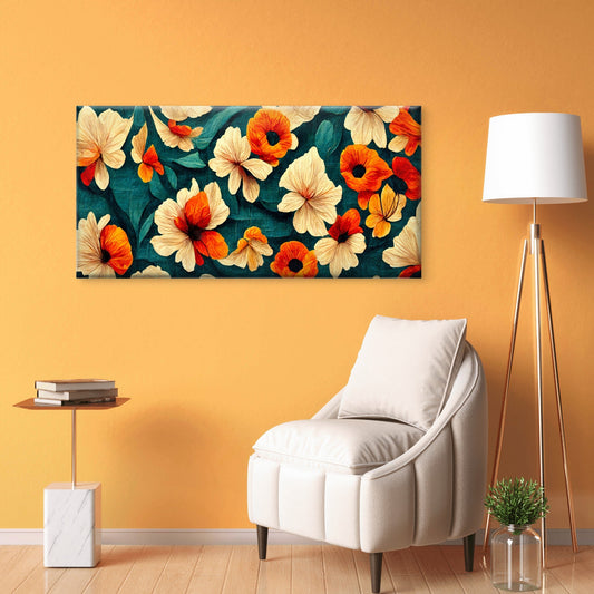 Orange Poppy Floral Teal Wall Art Canvas Office Home Room Framed 80x45cm