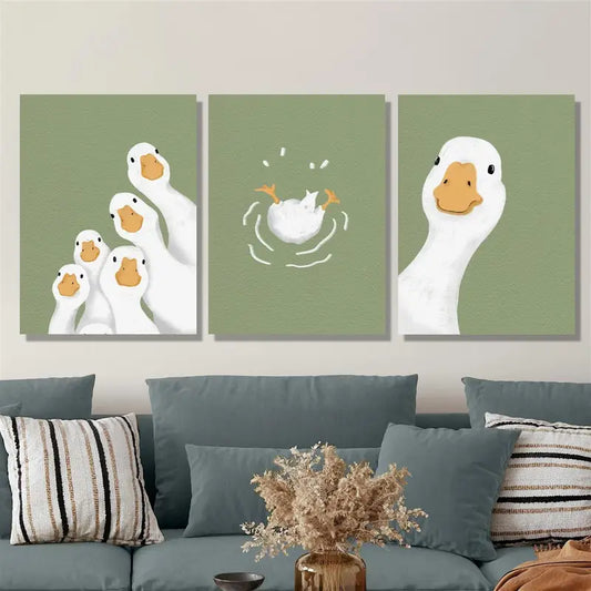 3pcs Playful Sage Green Adorable Duck Metal Print Ready to Hang Art