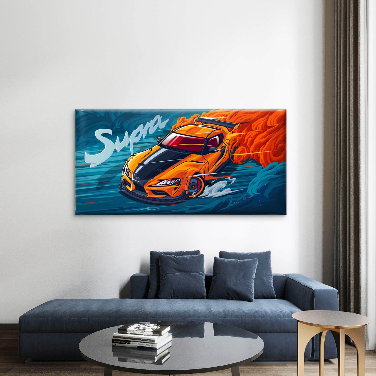 Orange Supercar shown drifting Wall Art Canvas Office Home Room Framed 80x45cm