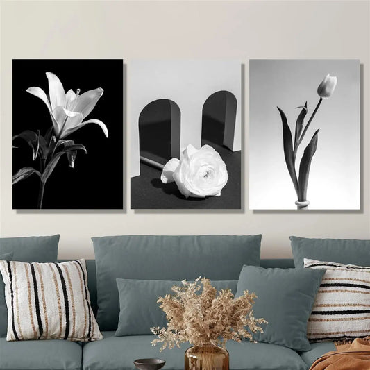 3pcs Black and White Botanical Bouquet Classic Design Metal Print Ready to Hang Art