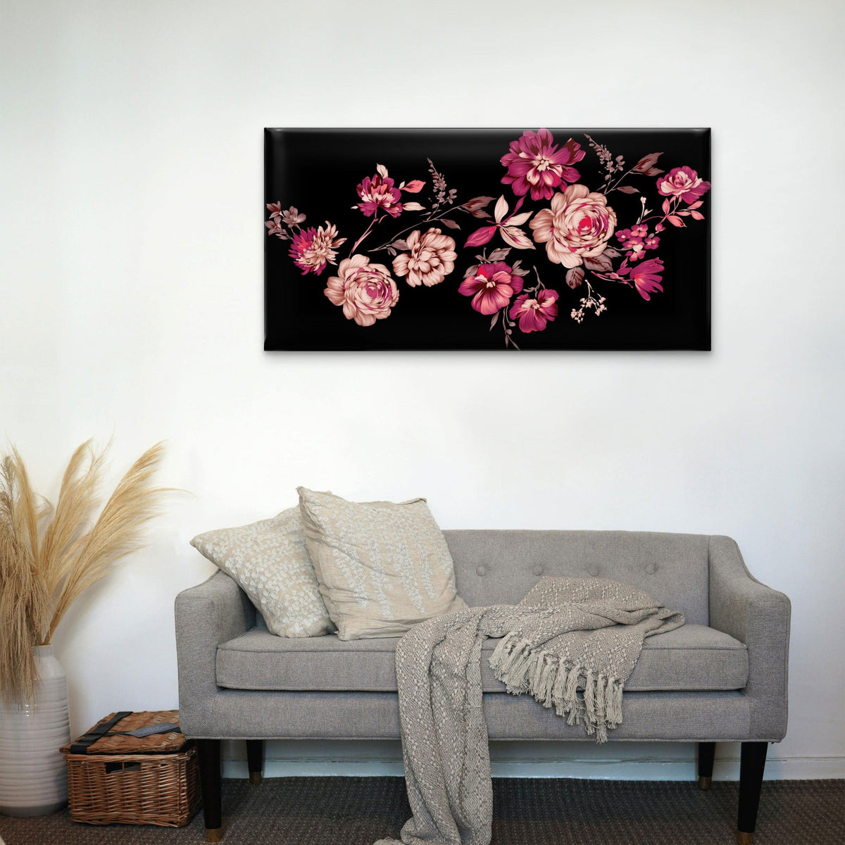Modern Pink Rose Black Floral Wall Art Canvas Office Home Room Framed 120x60cm