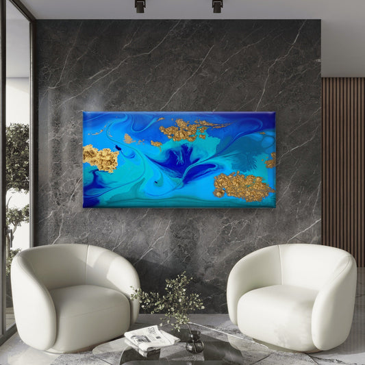 Marbled Blue Gold Abstract Wall Art Canvas Office Home Room Framed 80x45cm