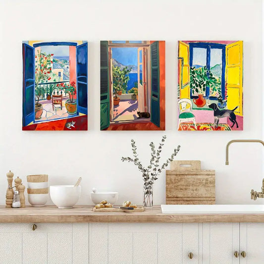 3pcs Watercolor Window Pet Colorful Painting Metal Print Ready to Hang Art