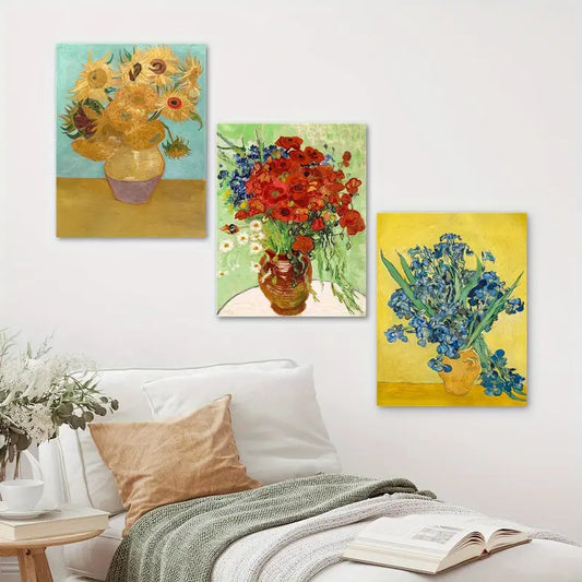 3pcs Vibrant Oil Paintings of Sunflowers, Roses & Irises, Green Metal Print Ready to Hang Art