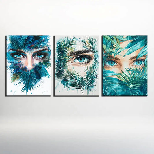 3pcs Vibrant Blue & Green Abstract Faces Metal Print Ready to Hang Art