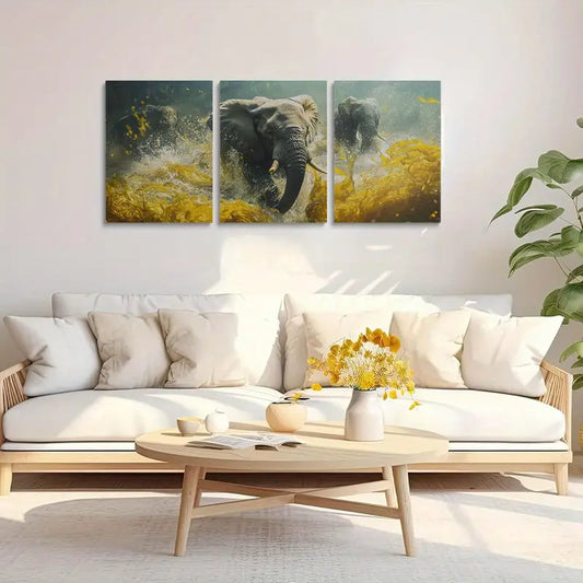 3pcs Running Elephants in the Savannah Metal Print Ready to Hang Art