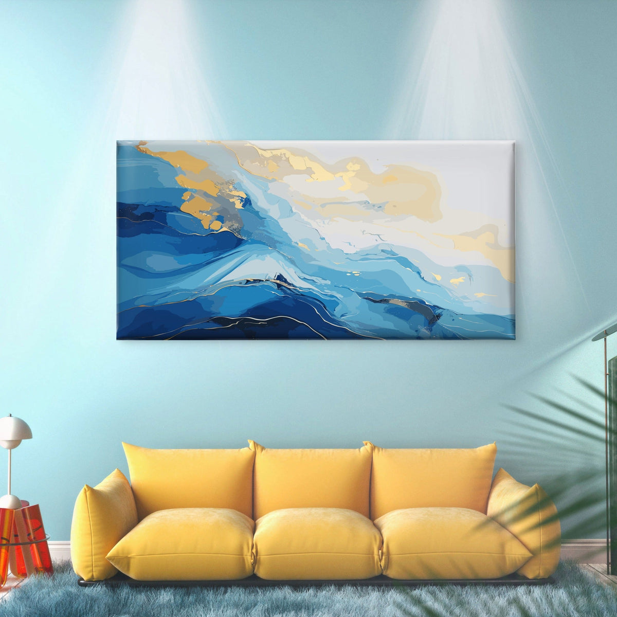 Deep Ocean Gold Swirls Wall Art Canvas Office Home Room Framed 120x60cm