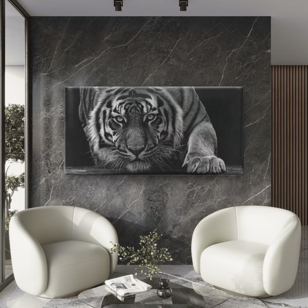 Tiger Striking Gaze Wall Art Canvas Office Home Room Framed 80x45cm