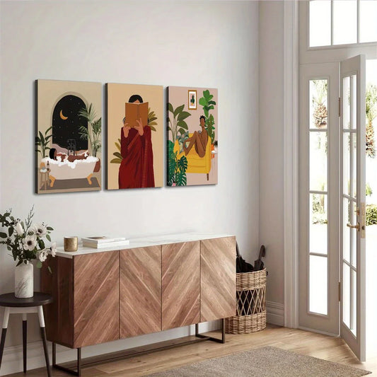 3pcs Woman in a Bathtub with a Cat Classic Design Metal Print Ready to Hang Art