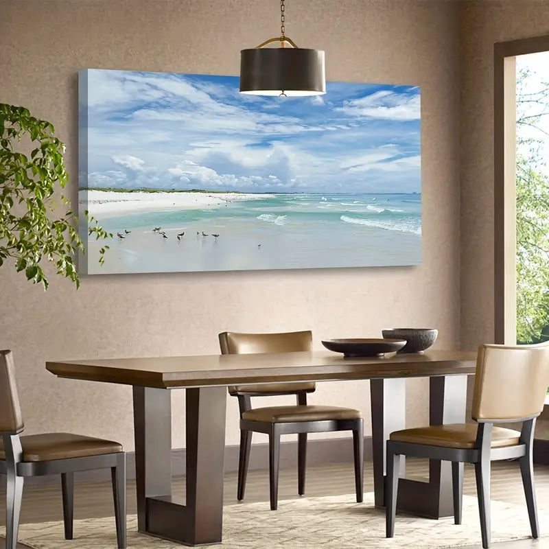 Aqua Ocean Seascape Beach Coastal Seagulls Wall Art canvas office home room framed 120x60cm