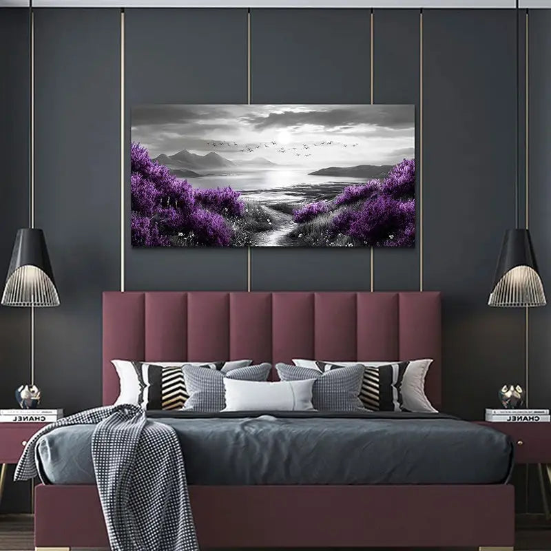 Purple Flowers & Black White Scenery Wall Art canvas office home room framed 120x60cm