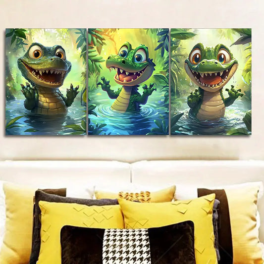 3pcs Whimsical Crocodile Metal Print Ready to Hang Art