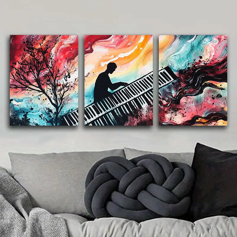 3pcs Black and White Piano Painting Metal Print Ready to Hang Art