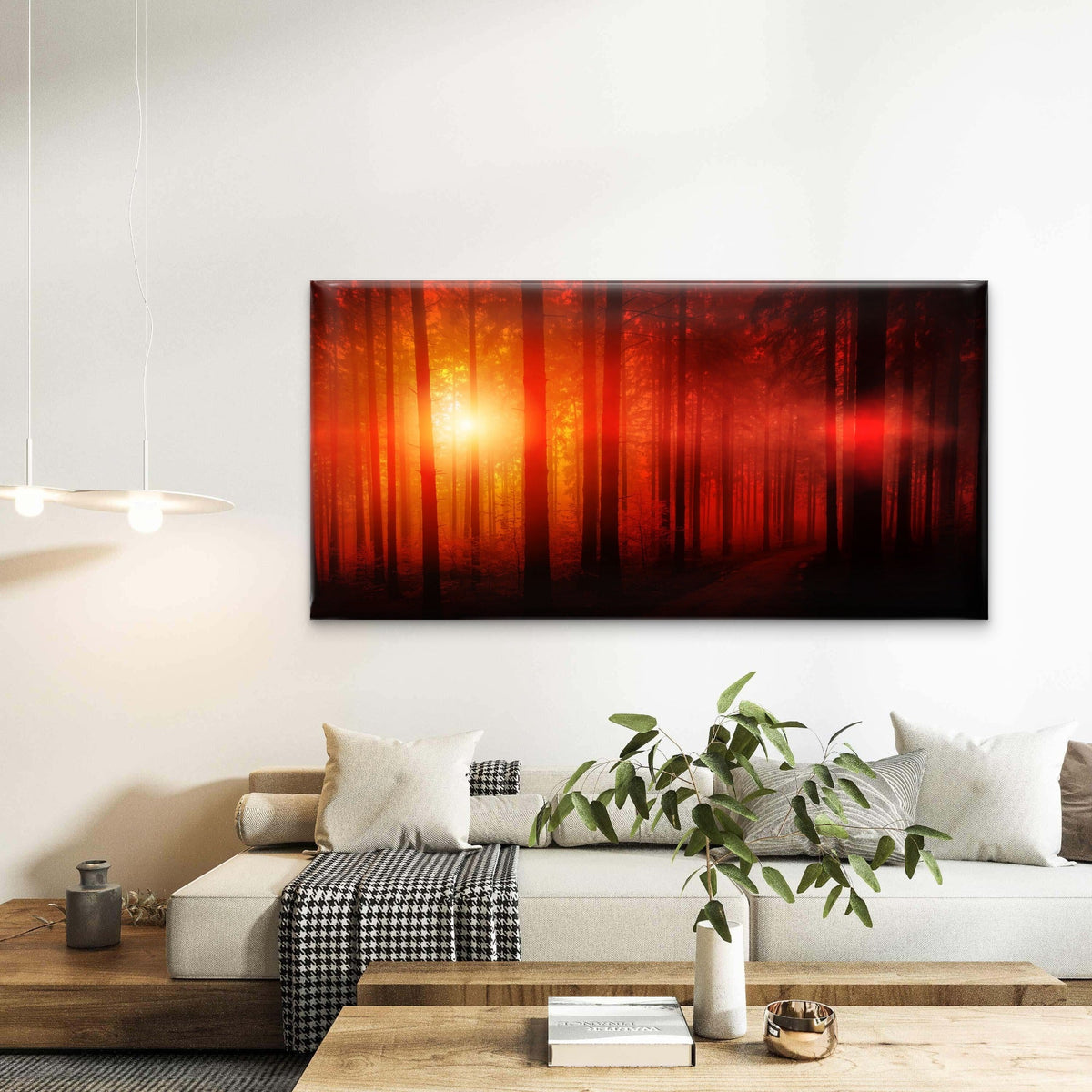 Red Forest Golden Sun Wall Art Canvas Office Home Room Framed 80x45cm