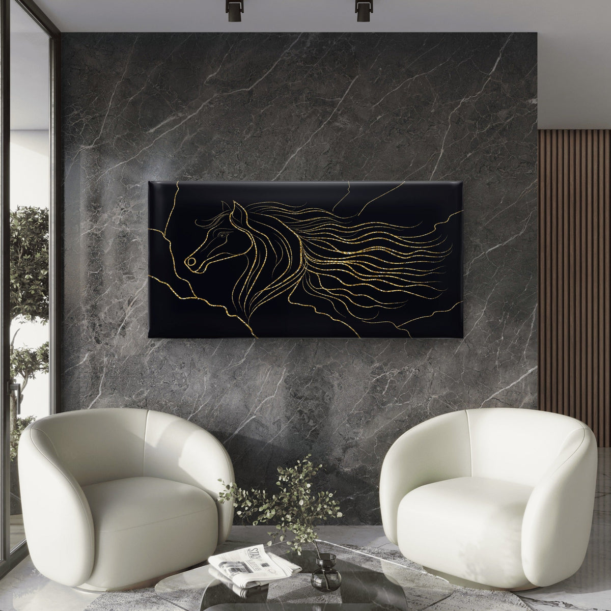 Elegant Luxury Gold Line Art Horse Wall Art Canvas Office Home Framed 120x60cm