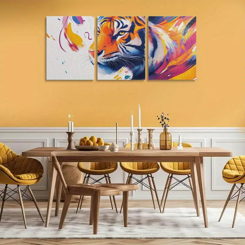 3pcs Vibrant Lion & Tiger Illustrations, Dynamic Brushstrokes Metal Print Ready to Hang Art