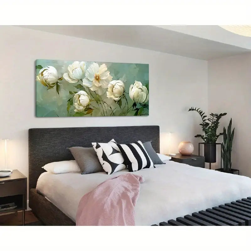Blooming White Flowers Serene Botanical Wall Art canvas office home room framed 120x60cm
